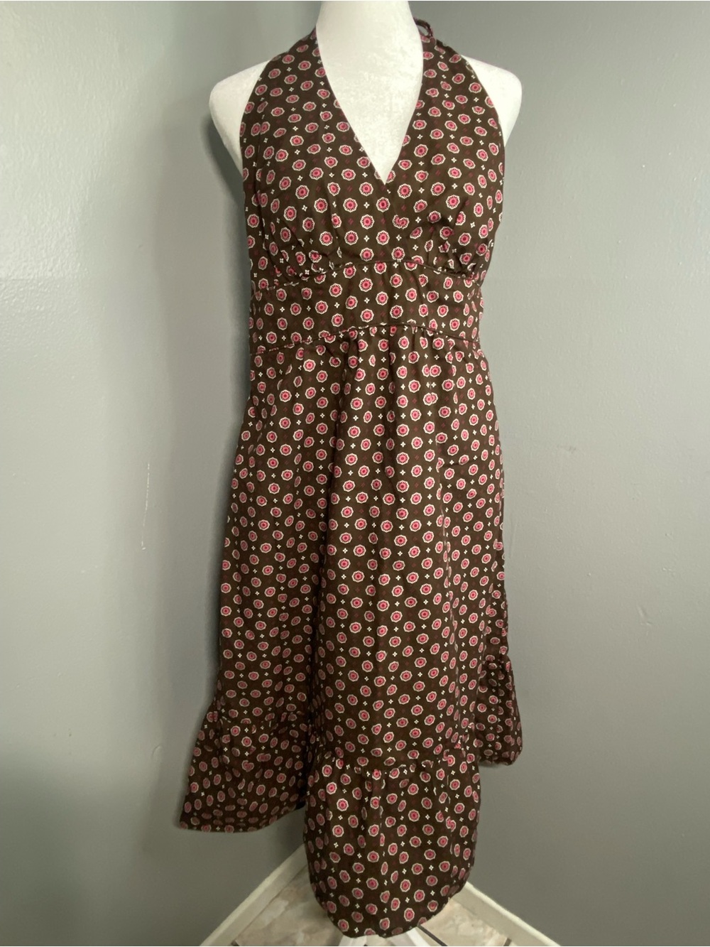NWT- Merona Brown - Halter Midi Dress with Pink Dot Motif